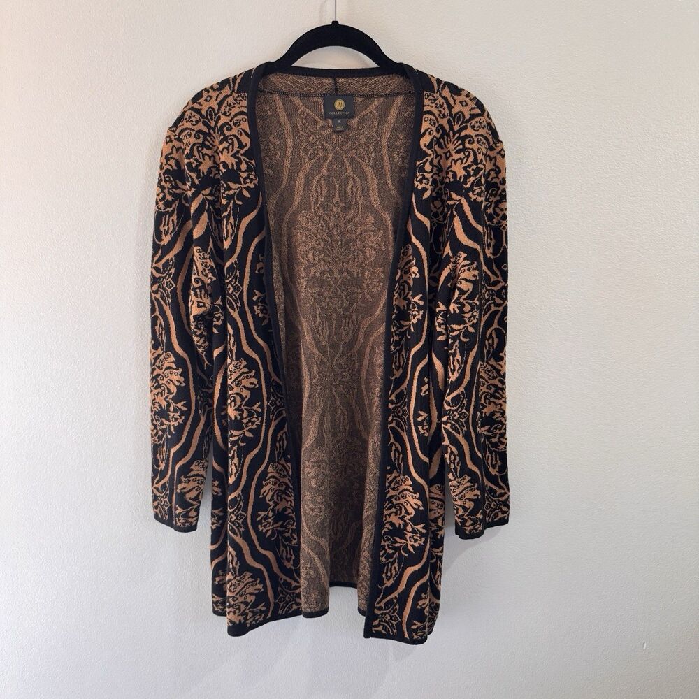 JM Collection Cardigan Sweater XL Orange Brown Floral Tapestry Open Cotton Boho